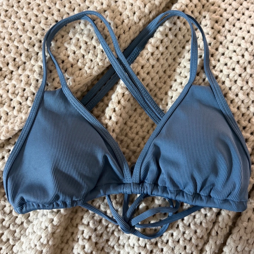 Ribbed Triangle Bikini Top Blue Cross Back Tie Swim Top Large